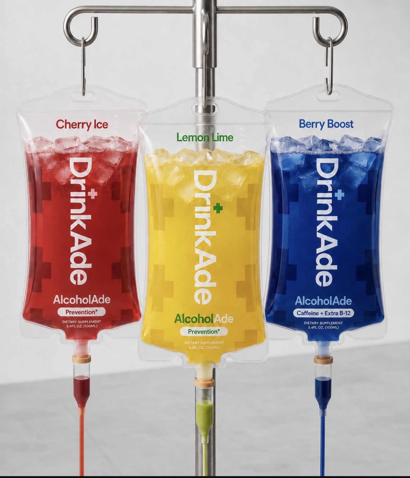 Three colorful DrinkAde product bags